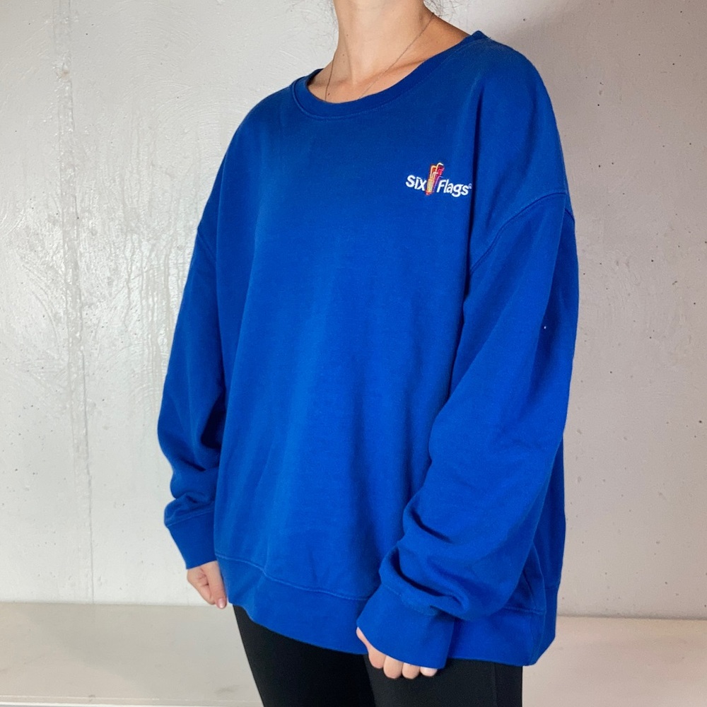 Bright Royal Blue Embroidered Six Flags Crewneck Sweatshirt